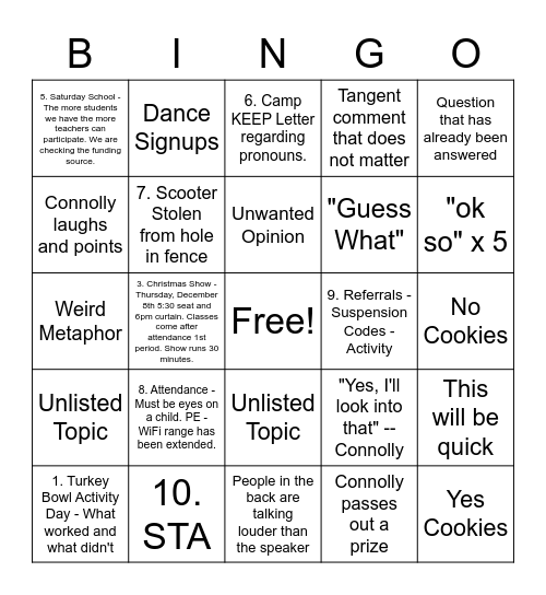 Staff Meeting 12/6 Bingo Card