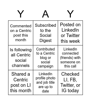 Centric Social Bingo Card