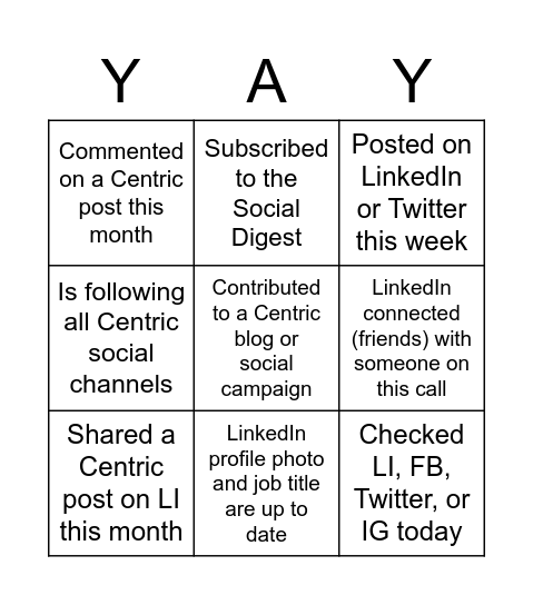 Centric Social Bingo Card