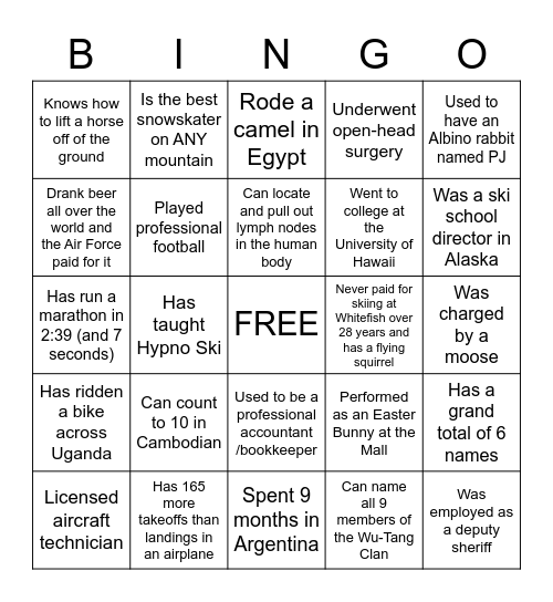 Instructor Bingo Card
