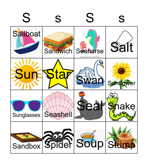 Letter S Bingo Card