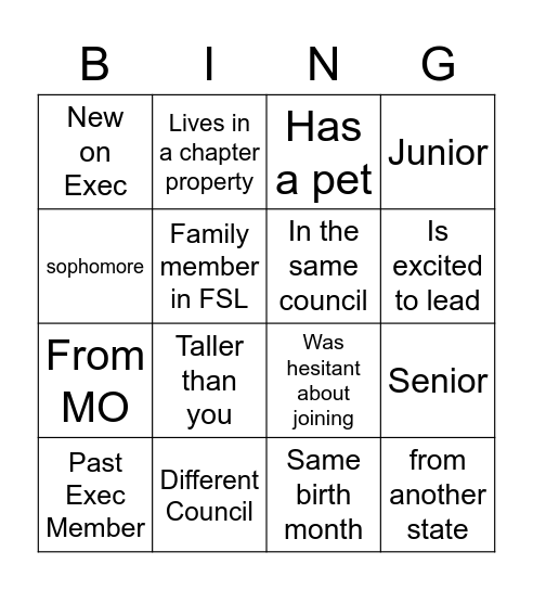 Fraternity and Sorority Life Bingo Card