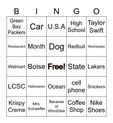 Common and Proper Noun BINGO! Bingo Card