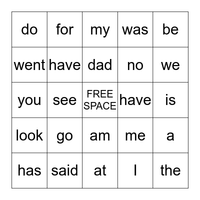 Kindergarten Sight Words Bingo Card