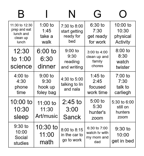 Routine Bingo Card