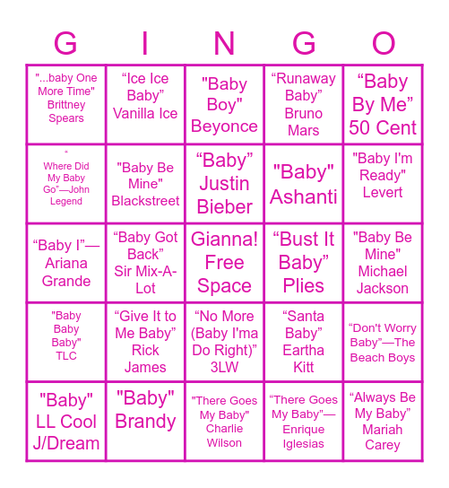 Deedee's "Baby" Shower Music Bingo Card