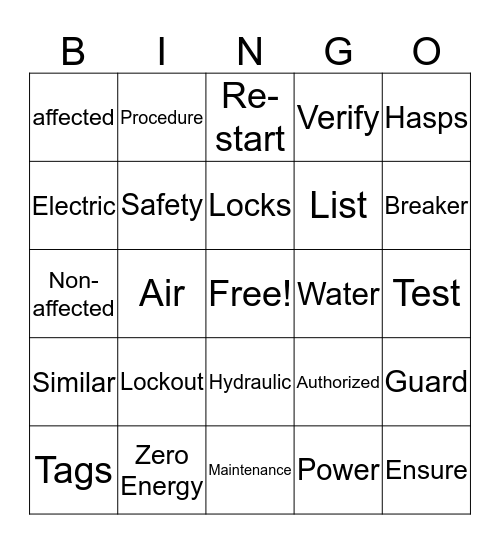 Lockout Tagout Bingo Card