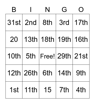 Ordinal Numbers Bingo Card