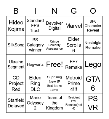 Game Awards 2022 Bingo Card