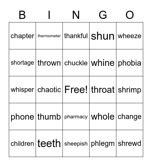 Ch, Th, Sh, Ph, Wh Digraphs Bingo Card