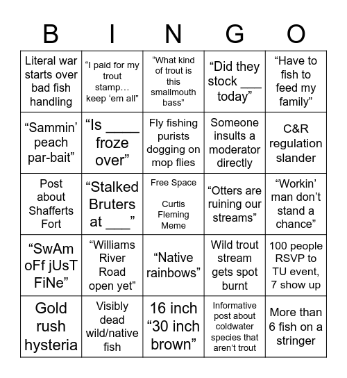 WV Trout Facebook Pages Bingo Card