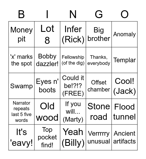 Oak Island Bingo Card