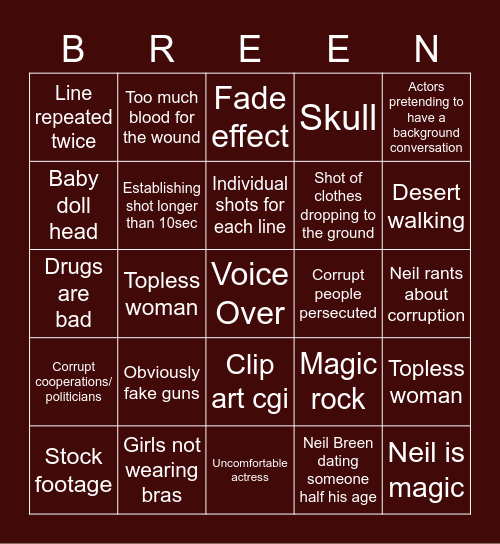 Neil Breen Bingo Card