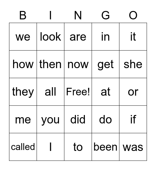 Sight Word Review Bingo Card