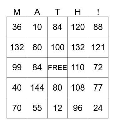Multiplication with 10, 11, 12 Bingo Card