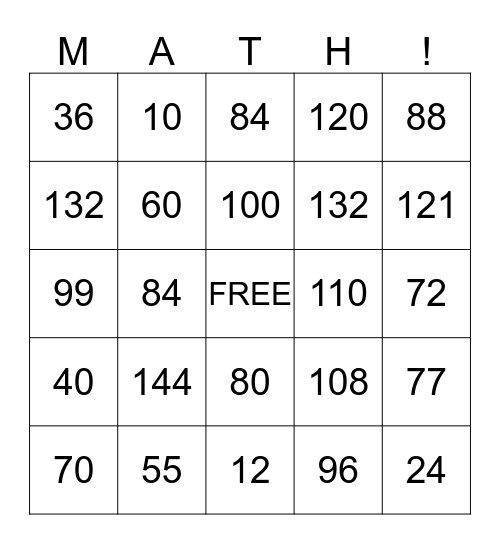 Multiplication with 10, 11, 12 Bingo Card