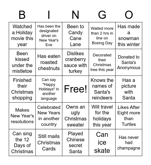 Holiday Get to Know you Bingo Card