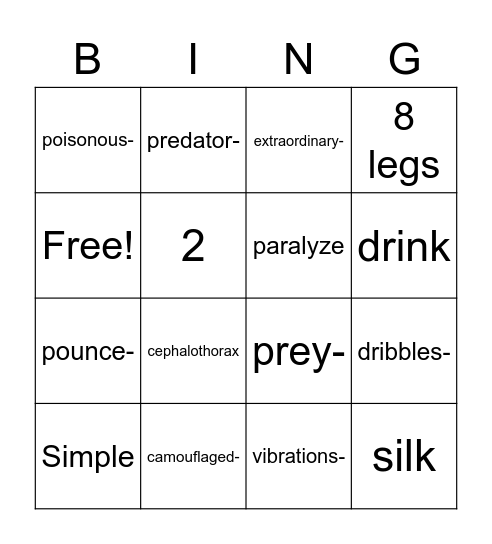 Spiders Vocabulary Bingo Card