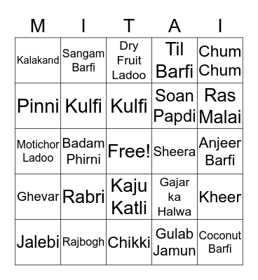 Diwali Mithai Bingo Card