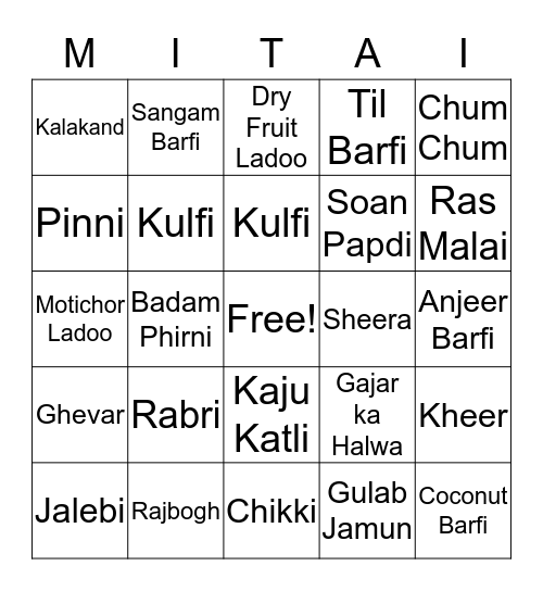 Diwali Mithai Bingo Card