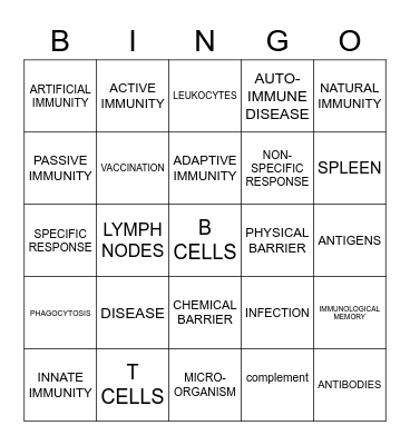 Immune System Bingo Card