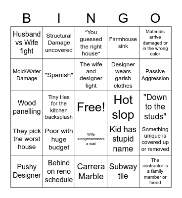 House Hunters Renovation Bingo Card