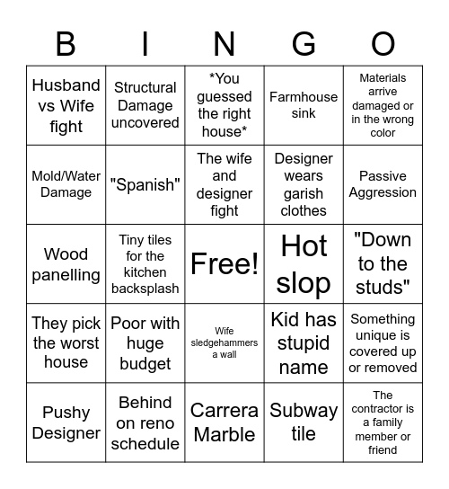 House Hunters Renovation Bingo Card