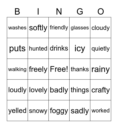 Inflectional endings (-s, -es, -ed, -ing, -y, -ly) Bingo Card