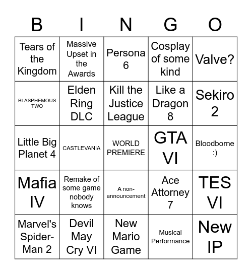 GAME AWARDS 2022 Bingo Card