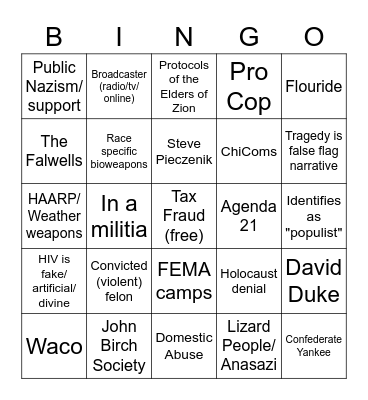 Right Wing Wackos Bingo Card