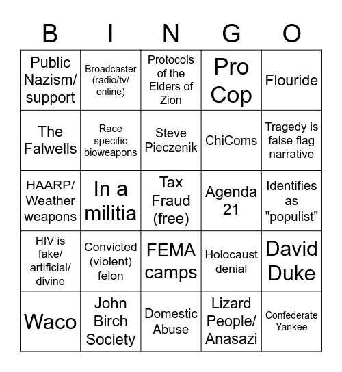 Right Wing Wackos Bingo Card