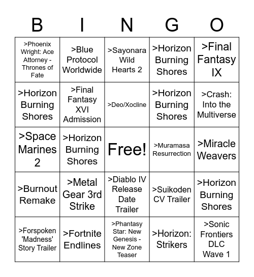 Game Awards Bingo Card