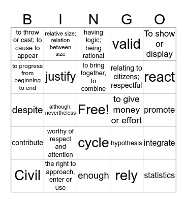 Regular Vocabulary Bingo Card