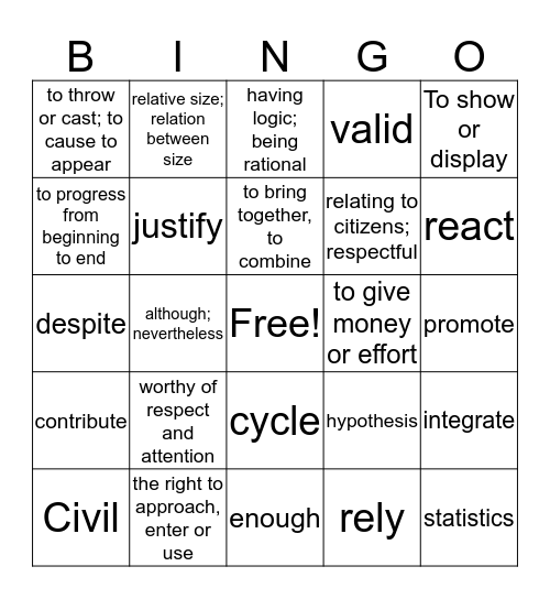 Regular Vocabulary Bingo Card