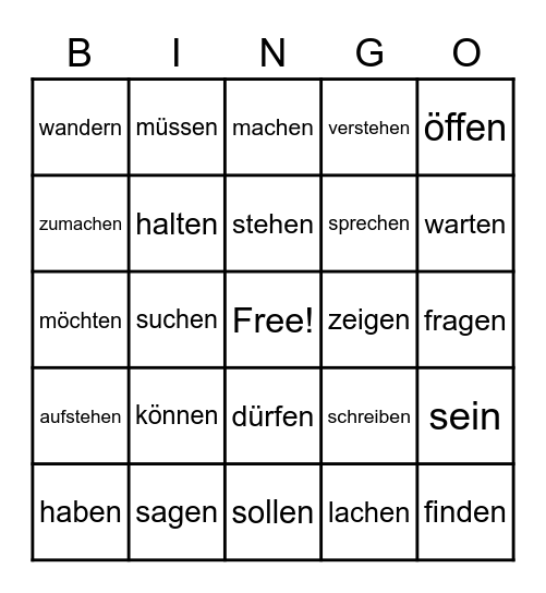German Verbs Bingo Card