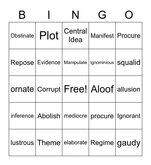 Vocabulary Lesson 3 Bingo Card