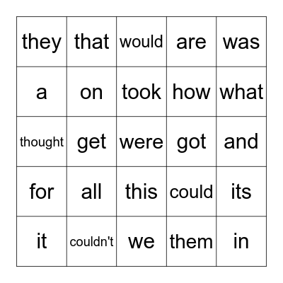 Sight Words Bingo Card