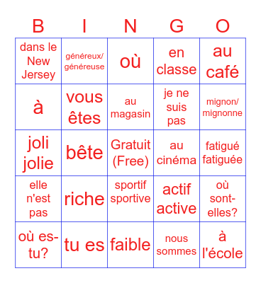 Etre/Places/Adjectives Bingo Card