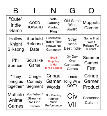 Game Awards Bingo Card