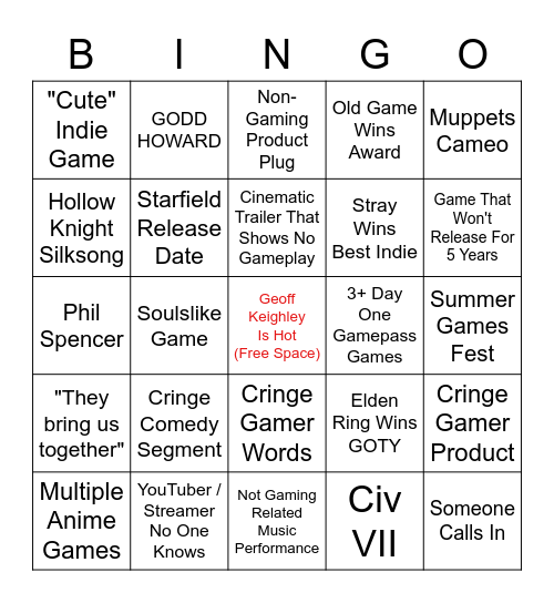 Game Awards Bingo Card