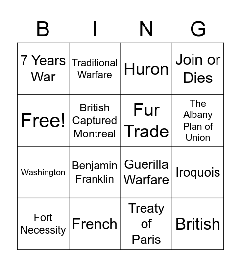 The French and Indian War Bingo Card