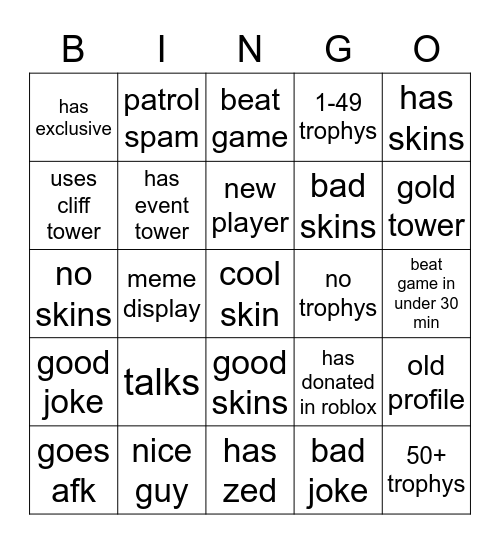 tower battles bingo Card