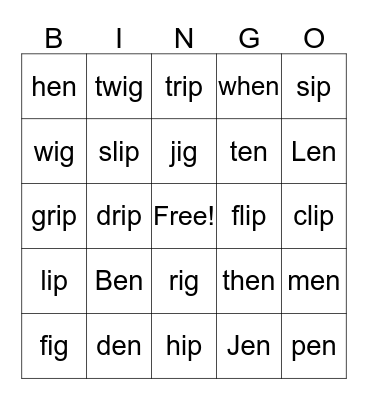 "ip" "ig" "en" word families Bingo Card
