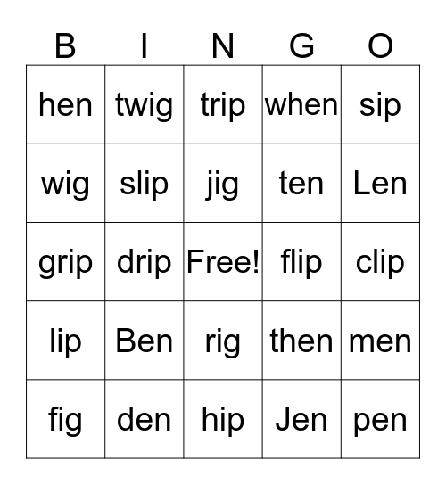 "ip" "ig" "en" word families Bingo Card