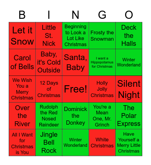 Holiday Music Bingo Card