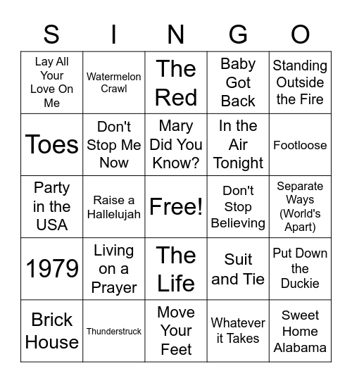 SINGO Bingo Card