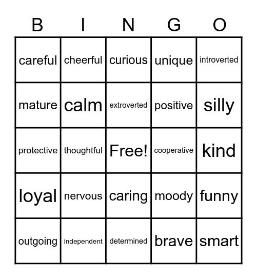 Personality Bingo Card