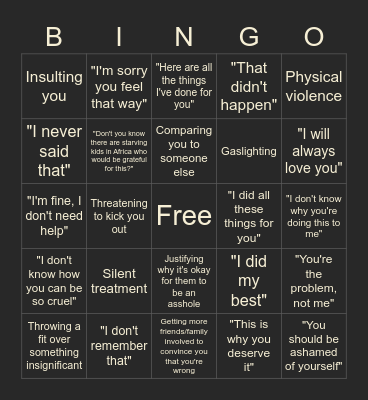 Narcissist Bingo Card