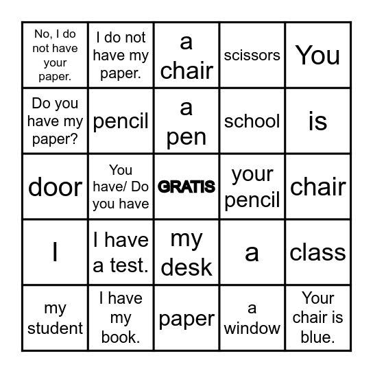 4th Grade Classroom Items Bingo Card