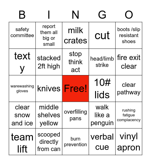 Safety  Bingo Card